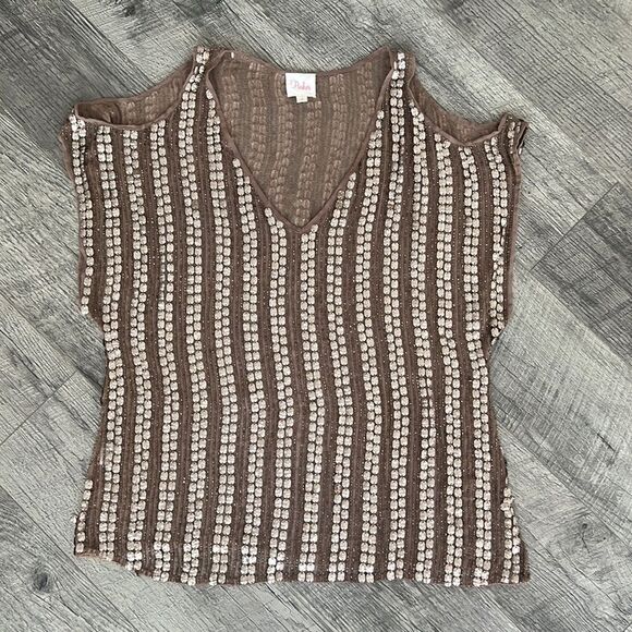 Parker 100% silk embroidered brown cut off top blouse outgoing Sz S - Picture 7 of 10